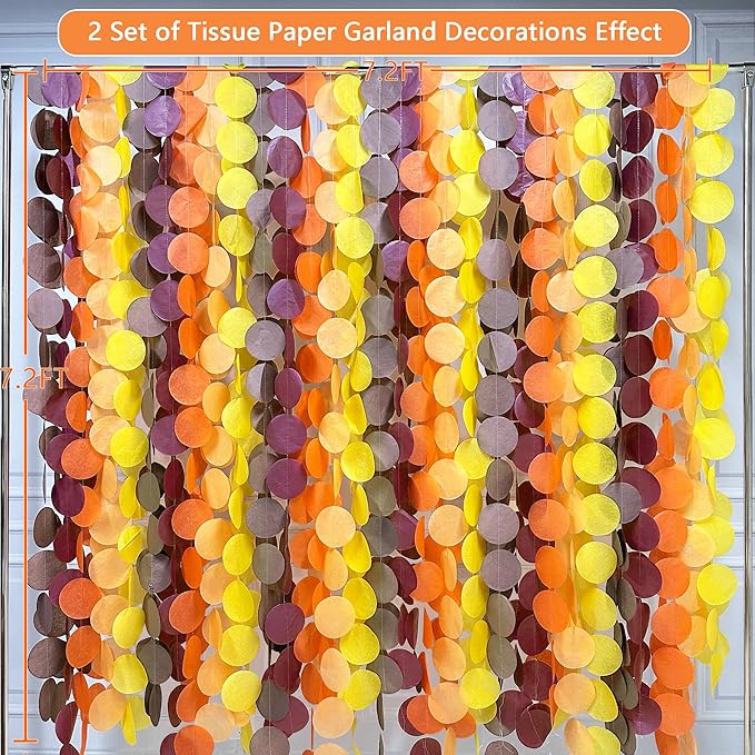 192Ft Fall Party Decorations Big Circle Dots Backdrop Garland Yellow Orange Burgundy Brown Tissue Paper Polka Dot Hanging Streamers for Birthday Wedding Fall Autumn Thanksgiving Harvest Party Supplies