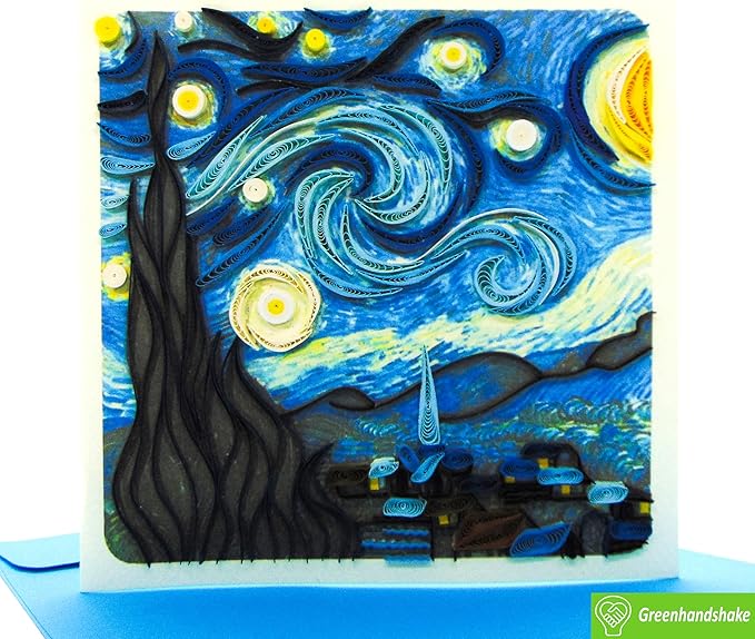 Van Gogh's The Starry Night (1889), Quilling Art Greeting Card - Design Greeting Card for Birthday, Valentine's Day, Mothers Day, Spring, Fathers Day, Graduation, Wedding, Anniversary, Thank You, Get Well, All Occasion. Framable Artwork for Art Lovers.