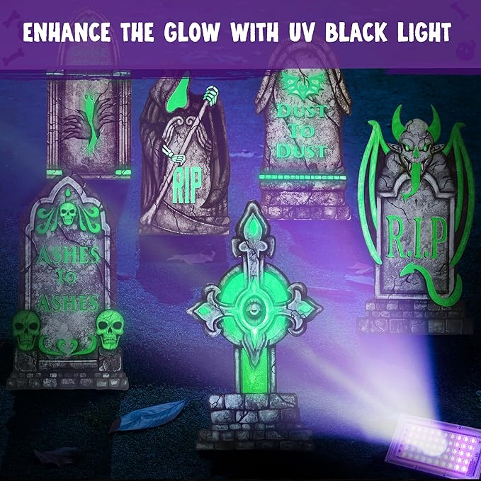 JOYIN 15.7” Halloween Decorations Outdoor Graveyard Tombstones Fluorescent, 7 Pcs Glow in The Dark with Black Light Spotlight Headstone with 12 Metal Stakes, Tombstone for Cemetery Outside Yard Decor