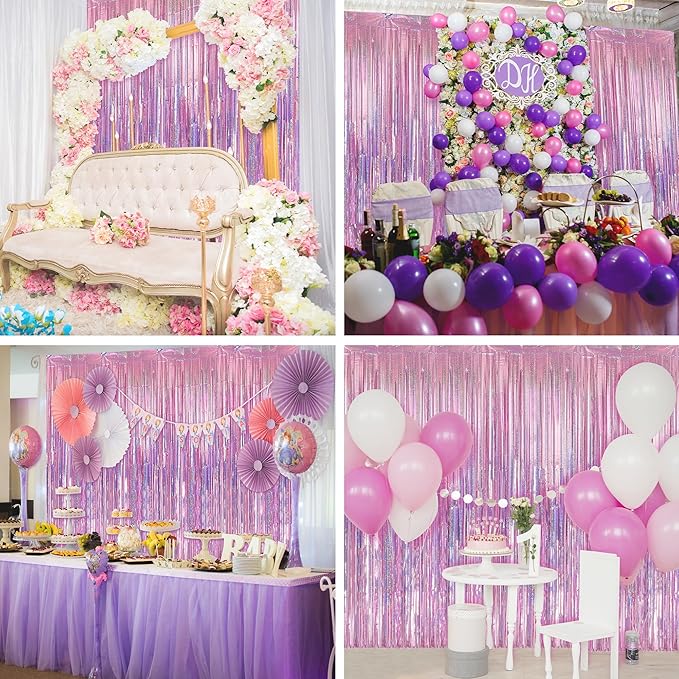 Crosize 2 Pack 3.3 x 9.9 ft Laser Pink Foil Fringe Backdrop Curtain, Streamer Backdrop Curtains, Streamers Birthday Party Decorations, Tinsel Curtain for Valentine‘s Day Parties, Galentines Decor