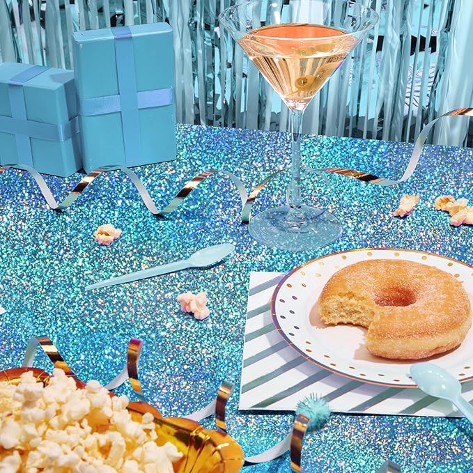 Sparkling Holographic Laser Tablecloth - Shimmering, Waterproof, Easy to Clean - Ideal for Bachelorette, Birthday, Wedding, and Anniversary Party Decorations (Light Blue & Silver, 2)