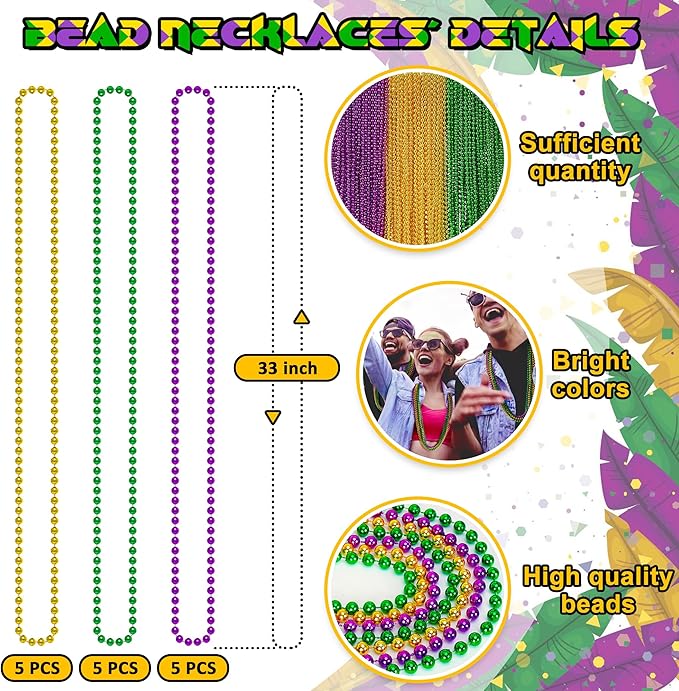 15PCS Mardi Gras Beads, Green Purple Gold Mardi Gras Necklace Accessories, 33" Round Festival Beads Carnival Party Favors Bulk, Necklace for Parade Throws Party Decorations Costumes Supplies