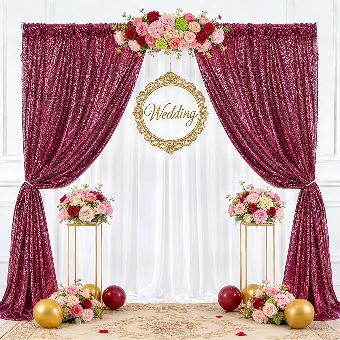 B-COOL Burgundy Sequin Backdrop Curtains 2 Packs 2ftx8ft Sparkle Backdrop Fabric Glitter Backdrop for Party Ceremony Wedding Birthday Decoration