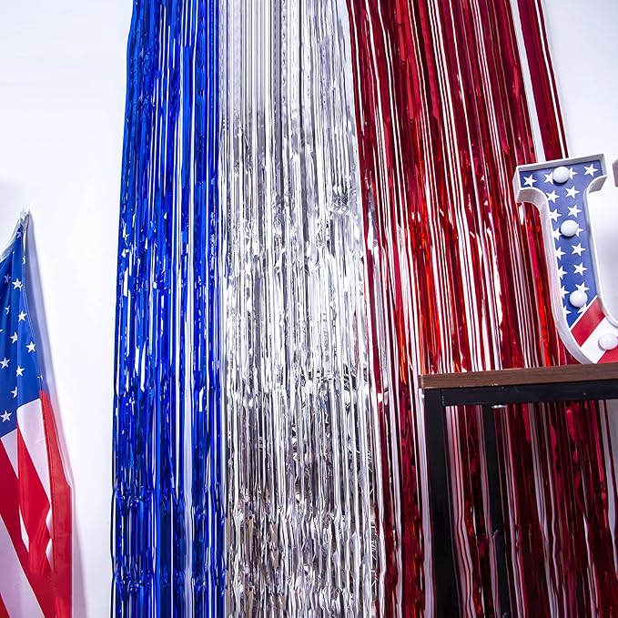 LOLStar 4th of July Decorations, 5Pack Red White Blue Labor Day Party Decorations Tinsel Foil Fringe Curtains, Photo Booth Prop Streamer Backdrop for Patriotic Olympics Election Vote Veterans Day