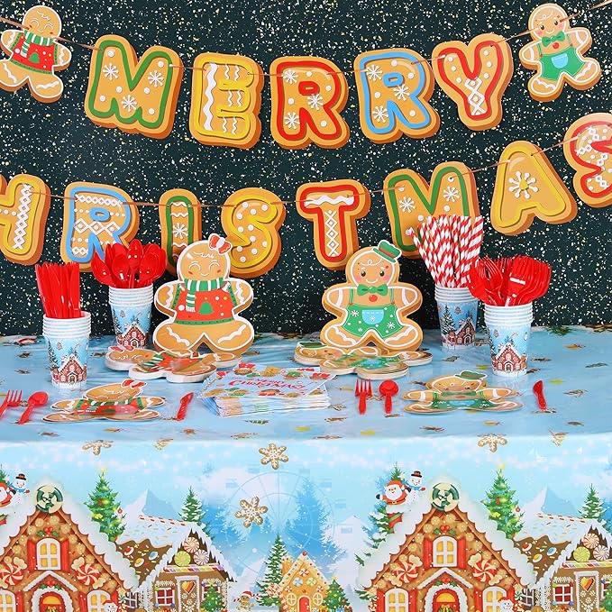 durony 194 Pieces Gingerbread Christmas Tableware Set Party Supplies Includes Paper Plates Napkins Cups Straw Plastic Tablecloth Knife Fork Spoon Serve 24 Guests for Xmas Holiday Party Decorations