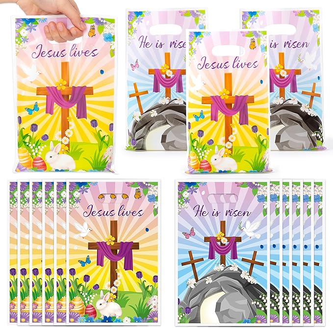 50Pcs Easter He is Risen Party Favor Bags Jesus Lives Religious Goodie Candy Treat Gift Bag Bunny Egg Christian Cross Party Decor for Sunday School VBS Church Spring Easter Jesus Birthday Supplies