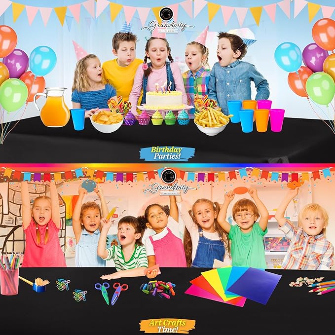 Grandipity 12 Pack Premium Disposable Plastic Tablecloth 54 Inch. x 108 Inch. Decorative Rectangle Table Cover - Black