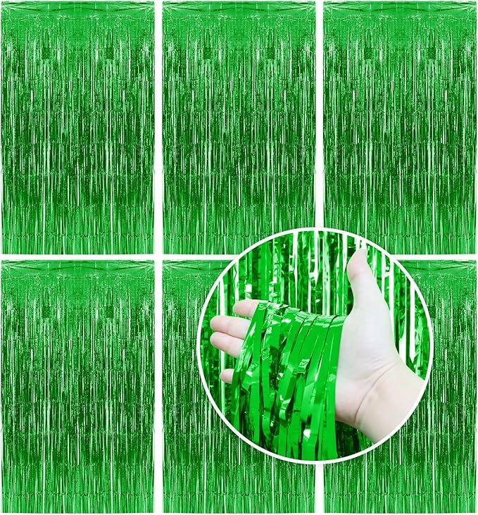 Homiest 6 Pack Green Tinsel Backdrop, 3.3x6.6 FT Metallic Tinsel Foil Fringe Curtains Party Decorations, Birthday Door Streamers for Baby Shower Wedding, Photo Booth Props Background Wall Decor