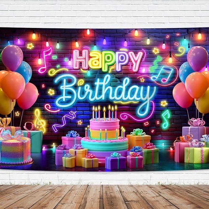 Imirell Neon Happy Birthday Backdrop 7Wx5H Feet Music Party Graffiti Splash Paint Colorful Notes Lights Brick Wall Polyester Fabric Balloons Photography Backgrounds Photo Shoot Decor Props Decoration
