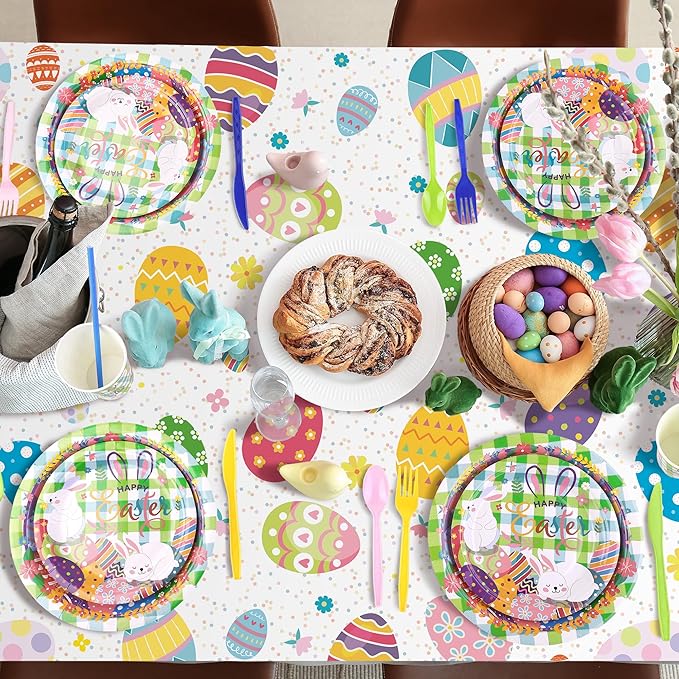 Kochorie 194 Pcs Colorful Easter Tableware Set Bunny Egg Dinnerware Supplies Include Paper Plates Napkins Cups Cutlery Tablecloth for Spring Easter Party Decoration, Serves 24 Guests