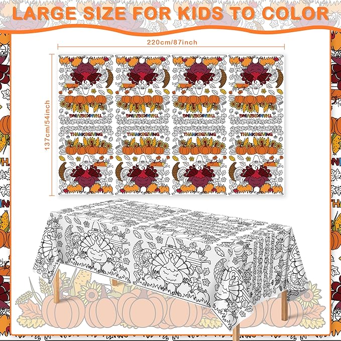 OHOME Thanksgiving Coloring Tablecloth - Thanksgiving Decorations Table Decor - Friendsgiving Banner for Door Wall | Crafts Games for Kids,54" x 88"