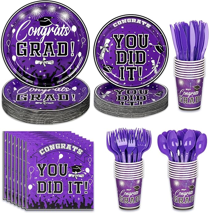 175PCS Graduation Plates and Napkins Set 2026 Graduation Party Supplies Tableware Set Include Paper Plate Napkin Cup Knife Fork Spoon for Grad Party Decor Serve25(Purple and black)