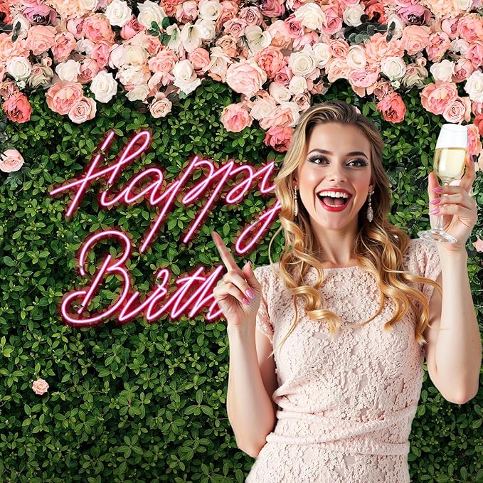 Riyidecor Happy Birthday Backdrop for Women，Girls Flower Wall Pink Rose，Green Leaves Floral Blossom Botanical Plant Nature 7Wx5H Feet Photography Background 30 Birthday Photo Studio Shoot Fabric