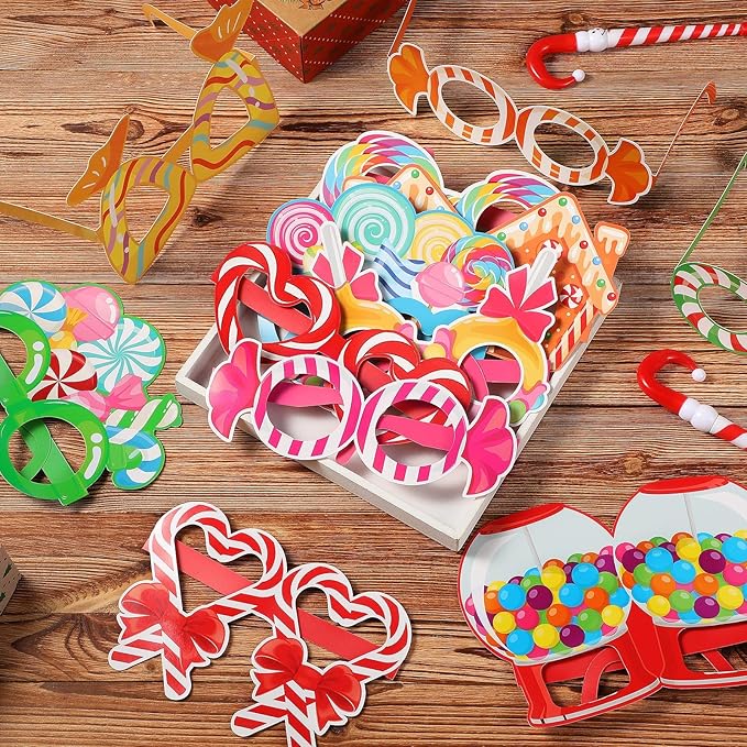 Pajean 36 Pcs Candy Party Decorations Candy Photo Booth Prop Christmas Eyeglasses Paper Glasses Frame Lollipop Themed Favor for Christmas Birthday Baby Shower Party Supplies