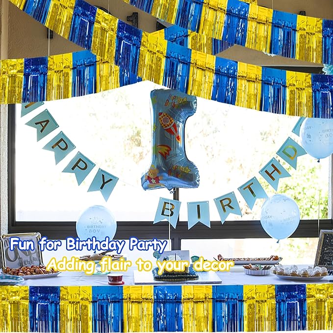 4 Packs Total 39 Ft Graduation Parade Floats for Trailer Car, Blue Gold Foil Fringe Garland Tinsel Streamers Banner Table Skirts for Graduation Homecoming Birthday Party (Royal Blue Gold)