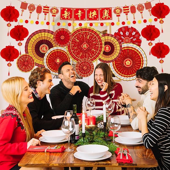 26 PCS Lunar New Year Decorations, Chinese New Year Paper Fans Set, Red and Gold Party Decorations with Paper Fans, Red Lanterns, Banner and Garland, Lunar New Year Decor for Home Office Yard