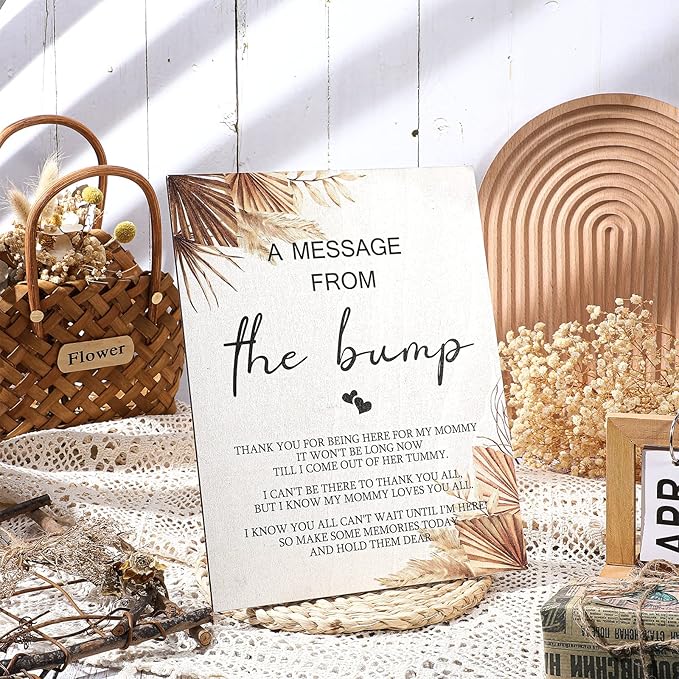 Roowest Cool Baby Shower Tabletop Decoration a Message from the Bump Wooden Baby Shower Games Sign Greenery Cute Gender Reveal Party Thank You Sign, 11.2 x 8.66 Inches(Boho)