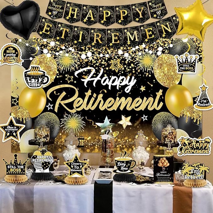 Happy Retirement Party Decorations for Men and Women - Black and Gold Banner, Backdrop Card, Sash, Hanging Swirls, Foil Balloons, Honeycomb Centerpieces