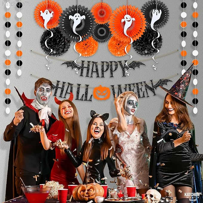 KatchOn, Hanging Halloween Decorations Set - Pack of 17 | Glittery Happy Halloween Banner, Garlands, Ghost Hanging Swirls, Orange Pumpkin, Paper Fan, Spooky | Halloween Decor Hanging Swirls