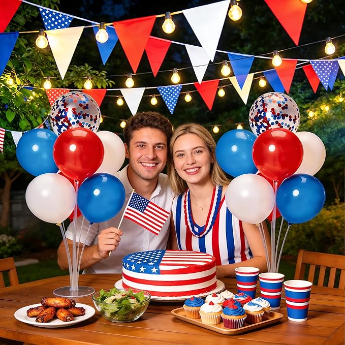JOYYPOP 4th of July Balloon Centerpieces for Tables 4 Sets Balloon Stand Kit with 40 Red White Blue Confetti Balloons Patriotic 250th Anniversary Independence Day Table Decorations