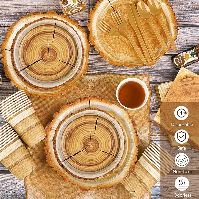 Kochorie 175 Pieces Rustic Wood Slice Party Supplies Camping Wood Grain Slice Tableware Set 7 Inch and 9 Inch Paper Plates Napkins Cups Cutlery for Hunting Birthday Party Decorations, Serve 25 Guests