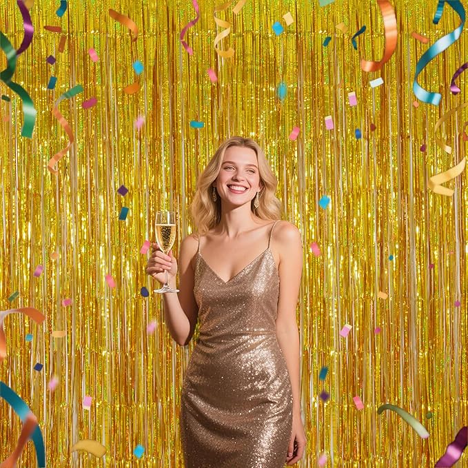 Shimmering Gold Foil Fringe Curtains - 3.28 x 6.56ft Metallic Streamers Tinsel Photo Booth Backdrop Curtain for Birthday Party, Wedding & Photography Background Photo Booth Decoration