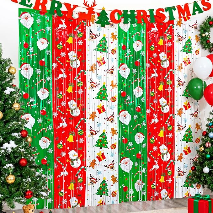3 Pack Printed Christmas Foil Fringe Curtains, Red Green Tinsel Backdrop with Santa & Reindeer Patterns - Photo Booth Props for Ugly Sweater Party, Christmas in July & Winter Holiday Decor