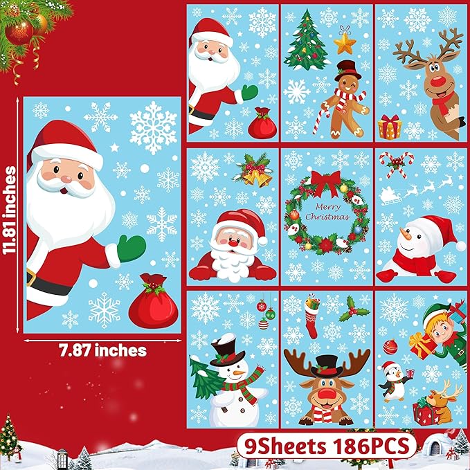 186PCS Christmas Decor, Christmas Window Clings, 9 Sheets Snowflake Window Stickers Decals with Santa Claus Snowman Reindeer, PVC Xmas Decorations Clings for Holiday Party Decorations Accessories