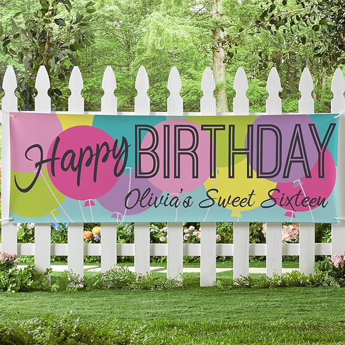 Let's Make Memories Personalized Happy Birthday Banner for Kids - Custom Birthday Party Decorations - Indoor/Outdoor Vinyl - Any Text - Balloons - Primary Colors - 10ft