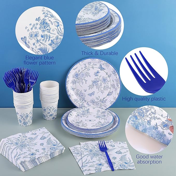 durony 144 Pieces Blue and White Flower Disposable Tableware Set 9 Inch 7 Inch Elegant Floral Paper Plates Blue Floral Cups Napkin and Forks Serve 24 for Birthday Baby Shower Party Supplies