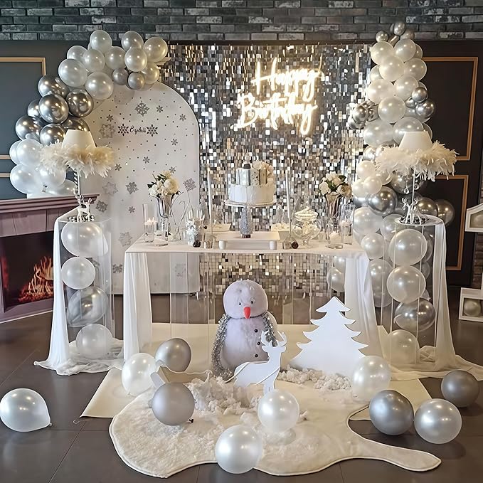Pearl White Winter Wonderland Balloons, 12 Inch Pearl Sand White and Metallic Silver Snowflakes Balloons for Ice Snow Wonderland Wedding Baby Shower Birthday Christmas New Year’s Party Decorations