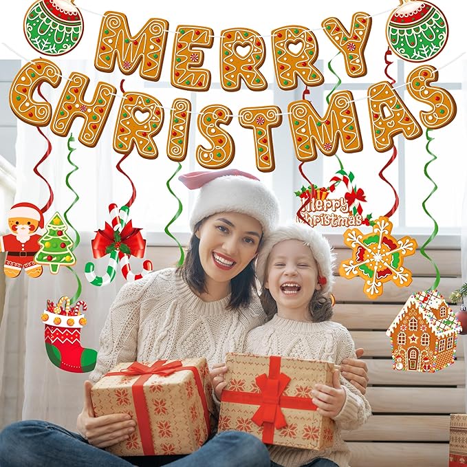 Gingerbread Man Christmas Decorations Set with Merry Christmas Banner Hanging Swirls Garland and Ceiling Streamers for Xmas Holiday Party Supplies Home Office Fireplace Decoration