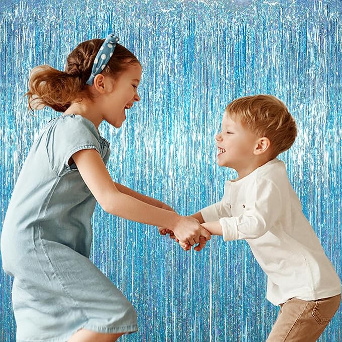 3.3 x 6.6 ft Foil Fringe Backdrop Curtains, Tinsel Streamers Party Decorations, Fringe Backdrop for Birthday, Baby Shower, Gender Reveal, Graduation (9, Light Blue)