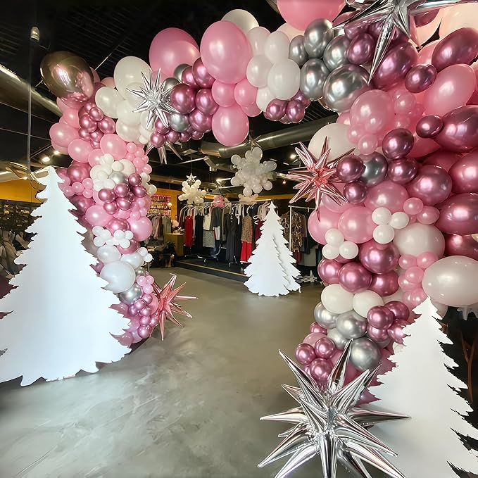 Pink Winter Wonderland Balloons, 60PCS Pearl White & Pink Double Stuffed Balloons, Metallic pink Silver and Snow Balloon for Princess Ice Wonderland Baby Shower Christmas Birthday Party Decorations