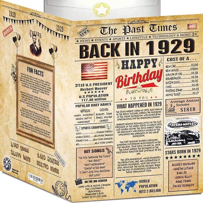 97th Birthday Cards for Men & Women - Back In 1929 Newspaper (Bday Card + Envelope) Large HAPPY BIRTHDAY Decorations for Her Him Vintage Funny card for Wife Husband & Grandparents 97 years