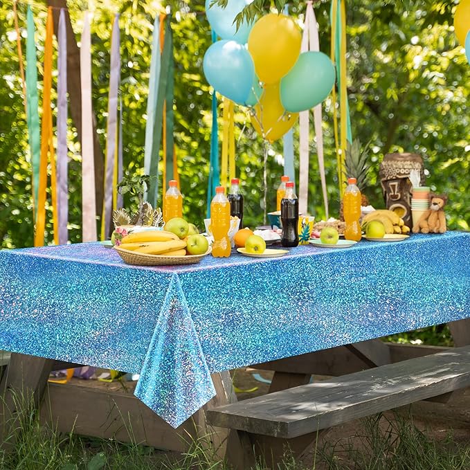 Sparkling Holographic Laser Tablecloth - Shimmering, Waterproof, Easy to Clean - Ideal for Bachelorette, Birthday, Wedding, and Anniversary Party Decorations (Light Blue & Silver, 2)