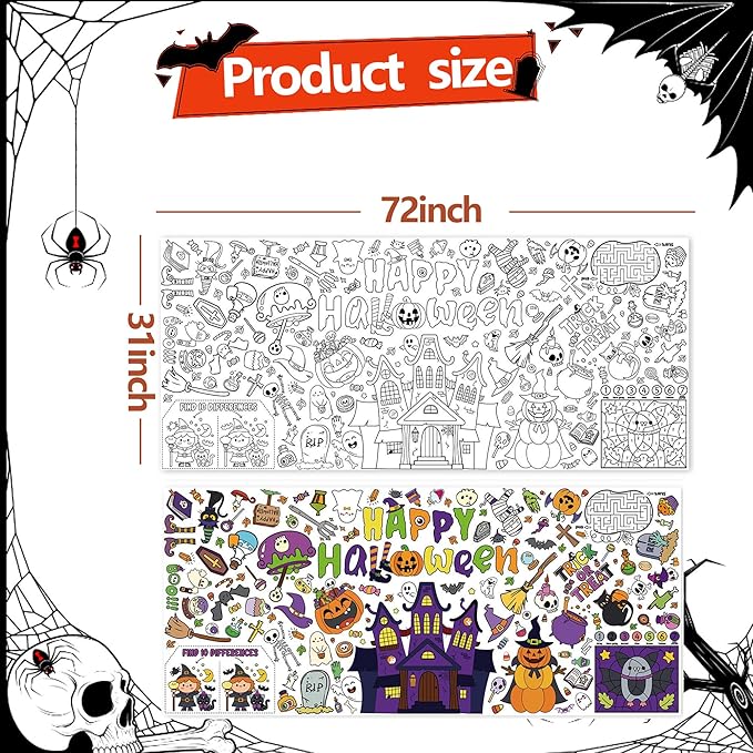 BCCSNNM Halloween Giant Coloring Posters for Adult Halloween Crafts Coloring Paper Tablecloth DIY Drawing Blank Tablecover for Home Party Decorations Supplies,31.5 x 72 Inch
