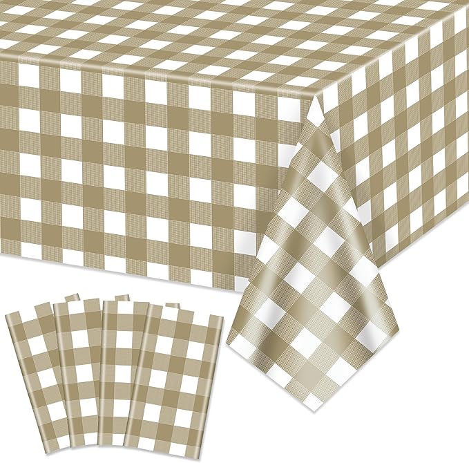 4 Pack Khaki Tablecloths, Khaki and White Checkered Tablecloths 86 x 51 Inches Gingham Tablecover Rectangular Waterproof Picnic Table Covers for Birthday Party Supplies