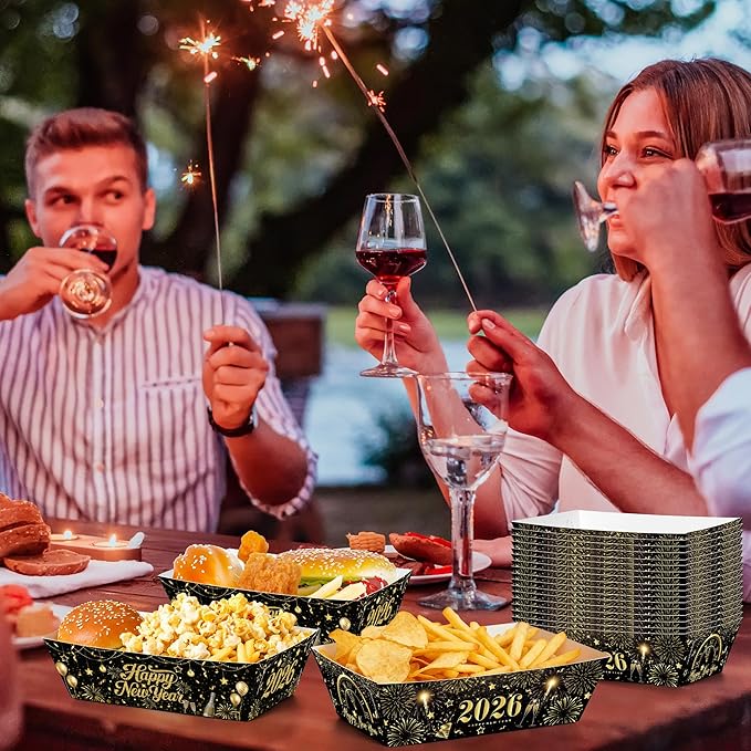 50Pcs New Year Eve Food Trays, 5.94" x 3.34" x 2.16" NYE Party Supplies 2026 Food Boats, Black Gold Serving Trays for Hot Dog Popcorn Taco, Disposable Snack Boats for New Year Decorations