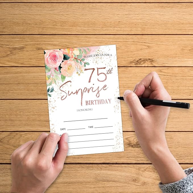 Zodvery Surprise 75th Birthday Party Invitations Cards - 75 Years old Rose Floral Pink Theme Party Supplies for Adult, Woman or Man - 20 Fill in Birthday Party Invitations and 20 Envelopes set/65