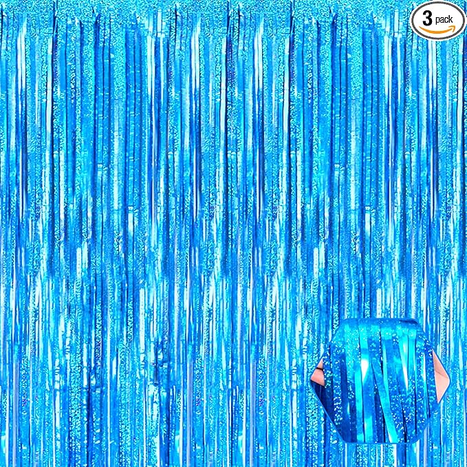 3 Pack Lake Blue Foil Fringe Curtain Backdrop, 3.28Ft x 8.2Ft Metallic Tinsel Foil Fringe Streamer Curtains for Photo Booth, Mother's Day, Easter, Birthday, Wedding Party Decorations
