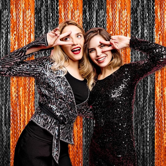 4 Pack Black Orange Wave Foil Fringe Curtain Backdrop, 3.28Ft x 8.2Ft Metallic Tinsel Foil Fringe Streamer Curtains for Photo Booth, Mother's Day, Easter, Birthday, Wedding Party Decoration