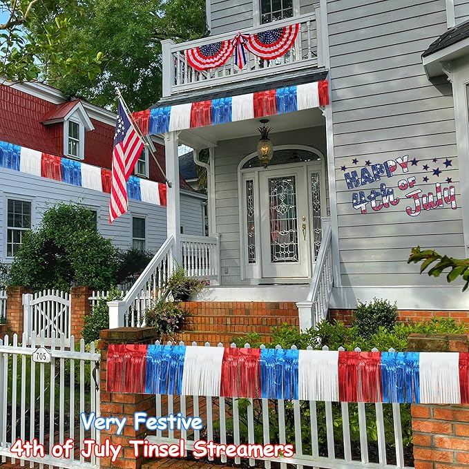 4 Packs Total 39 Feet 4th of July Parade Floats for Trailer Car, Red White Blue Foil Fringe Garland Patriotic Tinsel Streamers Banner Table Skirts for Graduation Homecoming Wedding Birthday Party