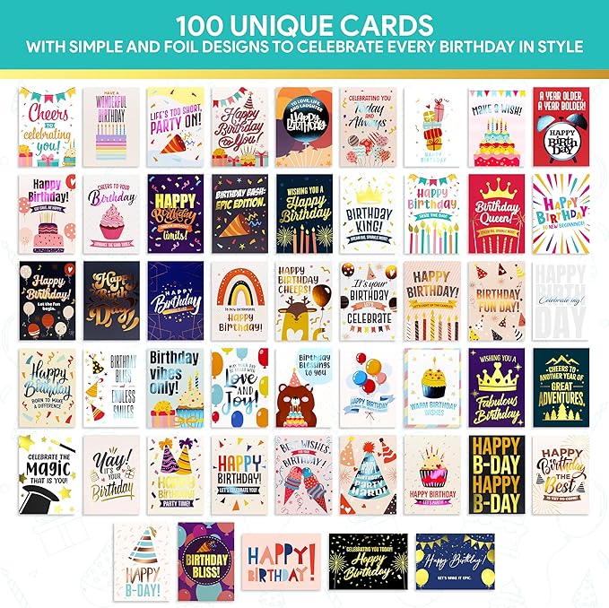 Decorably 100 Pack Foiled 5x7in Assorted Happy Birthday Cards Bulk with Envelopes and Stickers, 100 Folded Unique Designs for Friends, Family & Loved Ones, Printed Message Inside - Gifting, Mailing