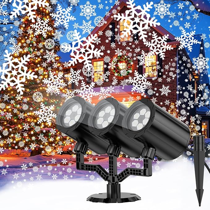Christmas Snowflake Projector Lights Outdoor 360°Rotating Brightness Three Head Projection Lights Decor Suitable for Christmas, Indoor and Outdoor Party Decorations