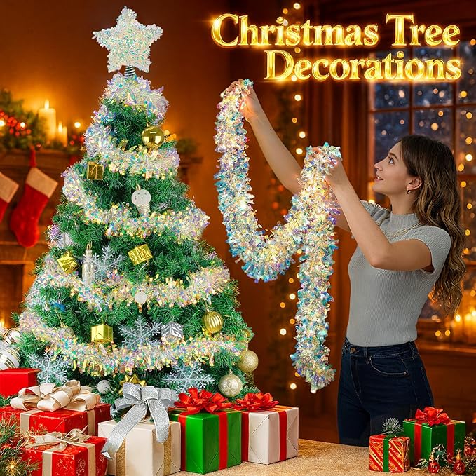Christmas Garland with Lights, 2 Pack 16.4FT Iridescent Tinsel Garlands Battery Operated & USB, Shiny Foil Garland Indoor Hanging Home Decor, Garland for Birthday Holiday New Years Eve Party Supplies