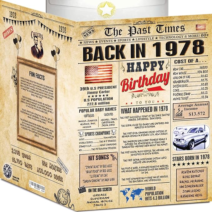 48th Birthday Card for Women Men - Back In 1978 Newspaper - 48 th Happy BIRTHDAY card - 48 birthday gift for Her Him - JUMBO size - 48th birthday decorations Dad Mom - Best gifts for 48 year old