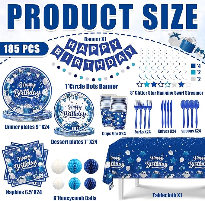 185pcs Happy Birthday Decorations Blue and Silver Plates Napkins Disposable Tableware Set Paper Cups Banner Tablecloth for Men Women Birthday Party Supplies Serves 24 Guests