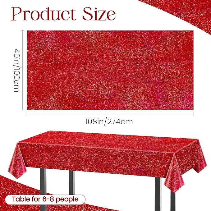 1 pcs Red Holographic Laser Tablecloths for Parties 40" x 108" Table Cloth Iridescence Shining Table Decoration For Valentines Galentines Day Princess Graduation Christmas Birthday Party Supplies