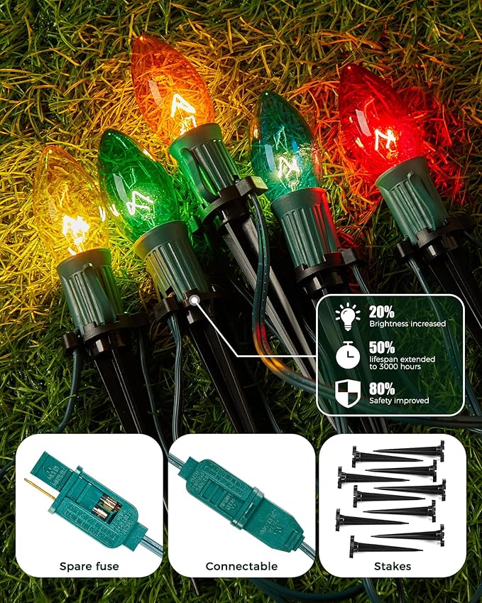 Brightown Christmas Pathway Lights Outdoor,Driveway Lights with 40 Multicolor Bulbs and Stakes, Connectable Outdoor Christmas Decorations Yard Walkway Sidewalk,Multicolor,25.7 FT x 2 Packs